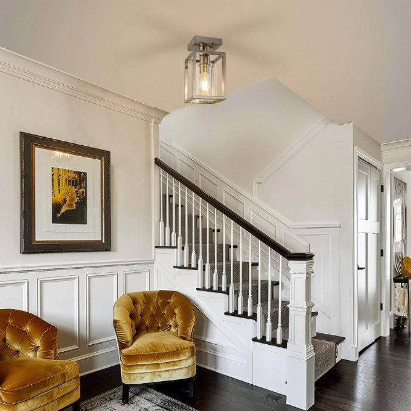 Farmhouse Ceiling Light Semi Flush Mount with Glass Shade Brushed Nickel Cage