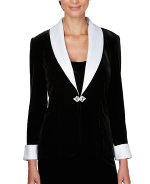Alex Evenings Women's Velvet Blazer Jacket With White Lapel, Black - Size Medium