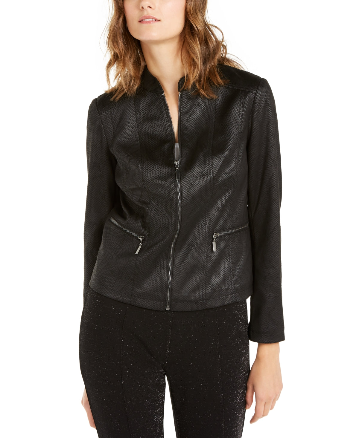 ALFANI Women's Black Faux Leather Zip-Up Jacket, Size Small