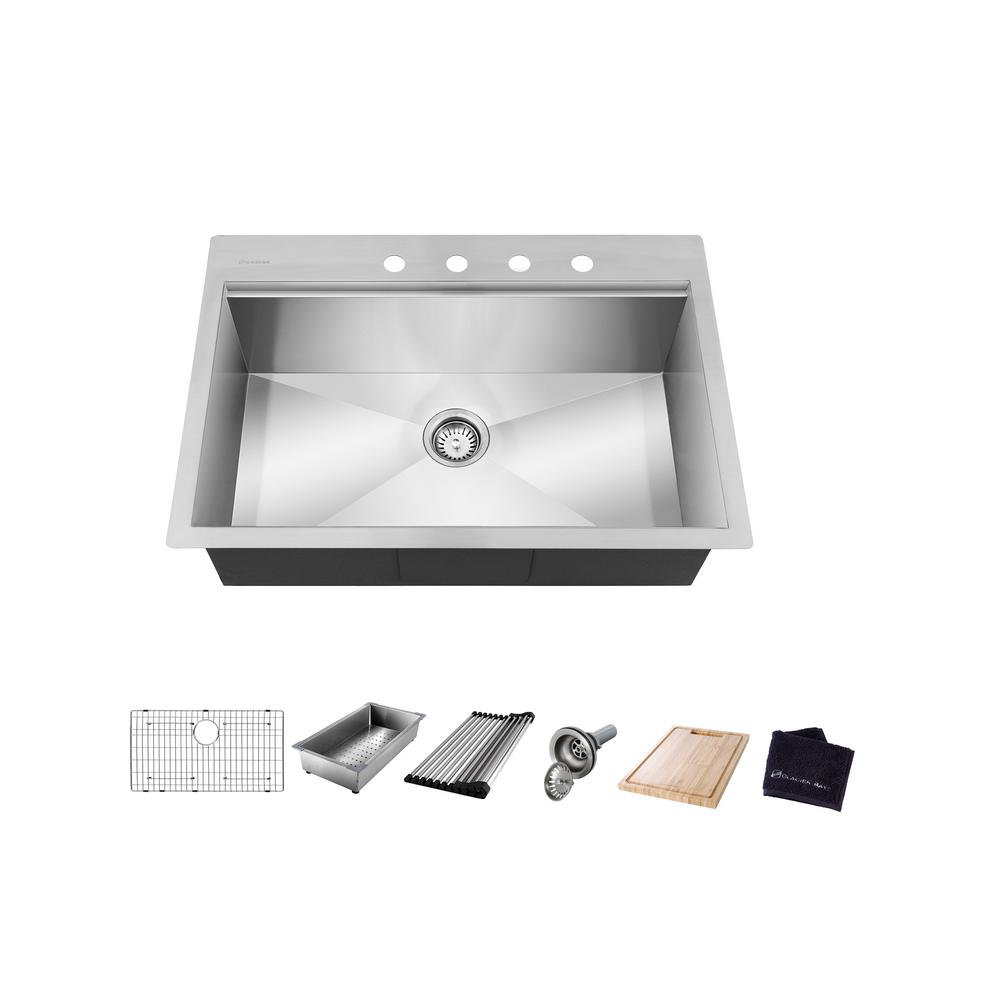 Glacier Bay 32" Zero Radius Drop-In Single Bowl Kitchen Sink – 18 Gauge Stainless Steel with Accessories – Model 4303F