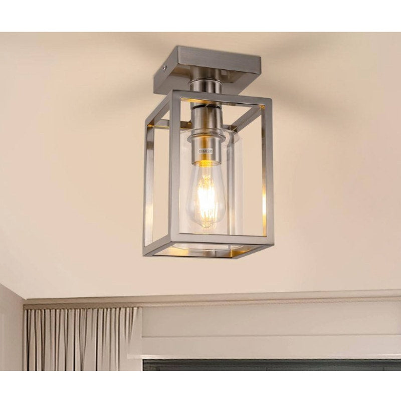 Farmhouse Ceiling Light Semi Flush Mount with Glass Shade Brushed Nickel Cage