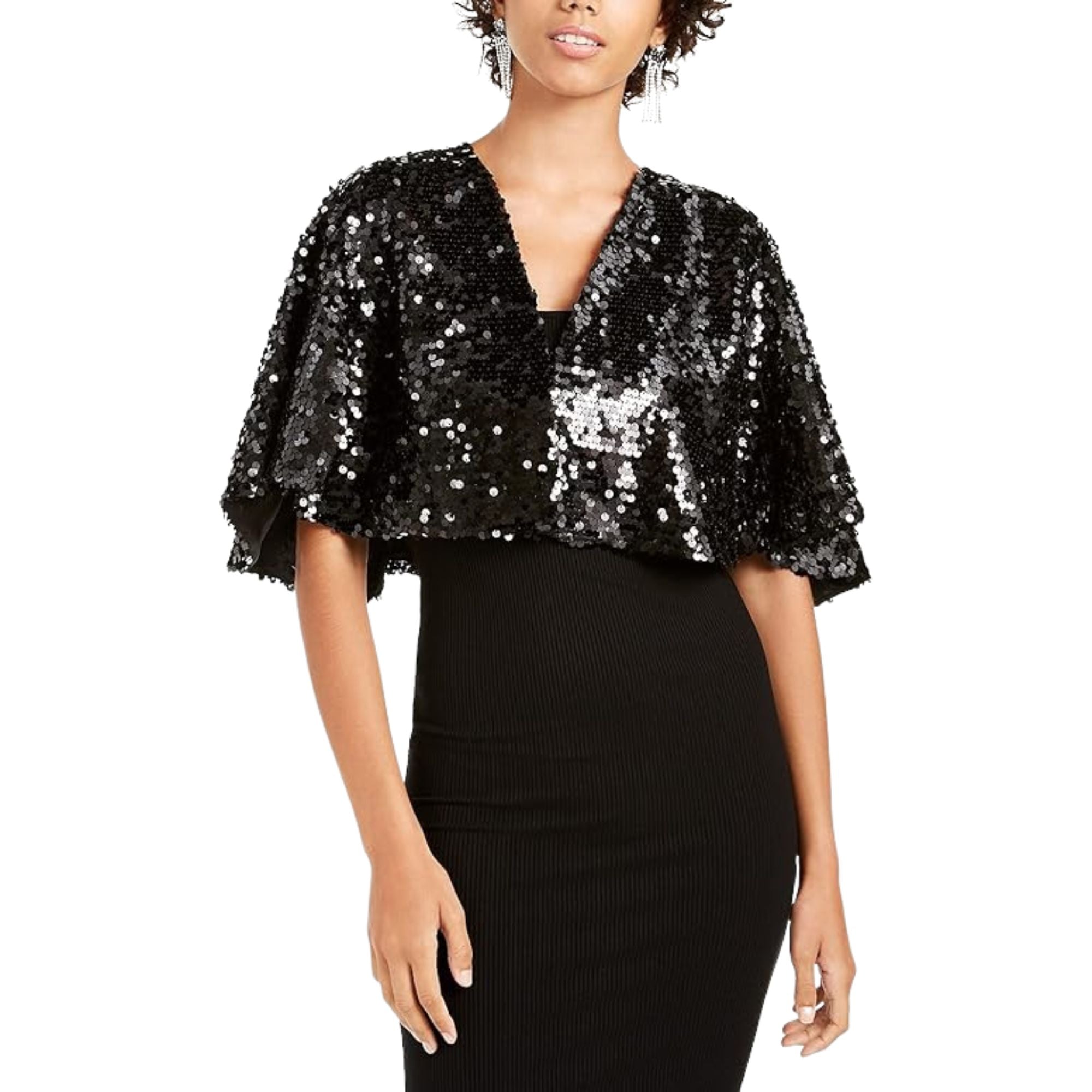 Teeze Me Women's Black Short Sleeve Sequined Capelet Top - Size Small