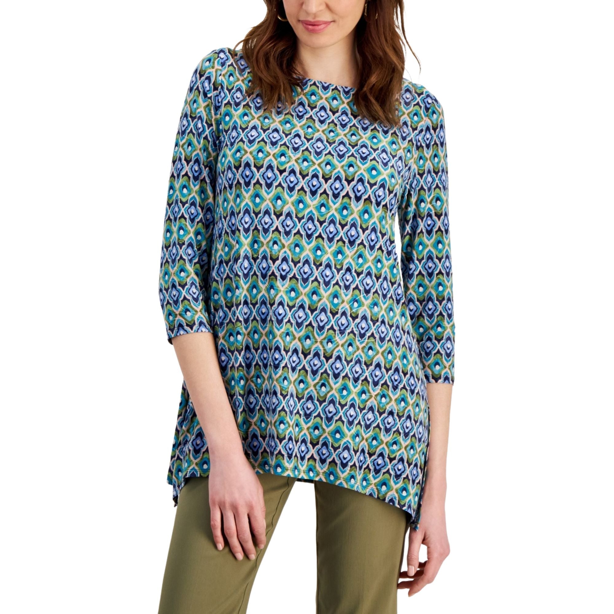 JM Collection Women's Geo-Print Jacquard Swing Top – Seafrost Combo, M