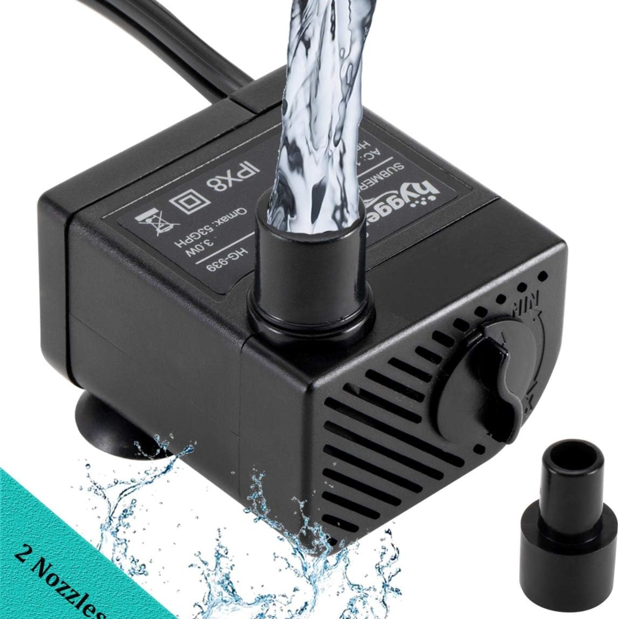 Hygger Ultra Quiet 53GPH Submersible Mini Water Pump – 3W, 2 Nozzles Included, for Aquariums – Black