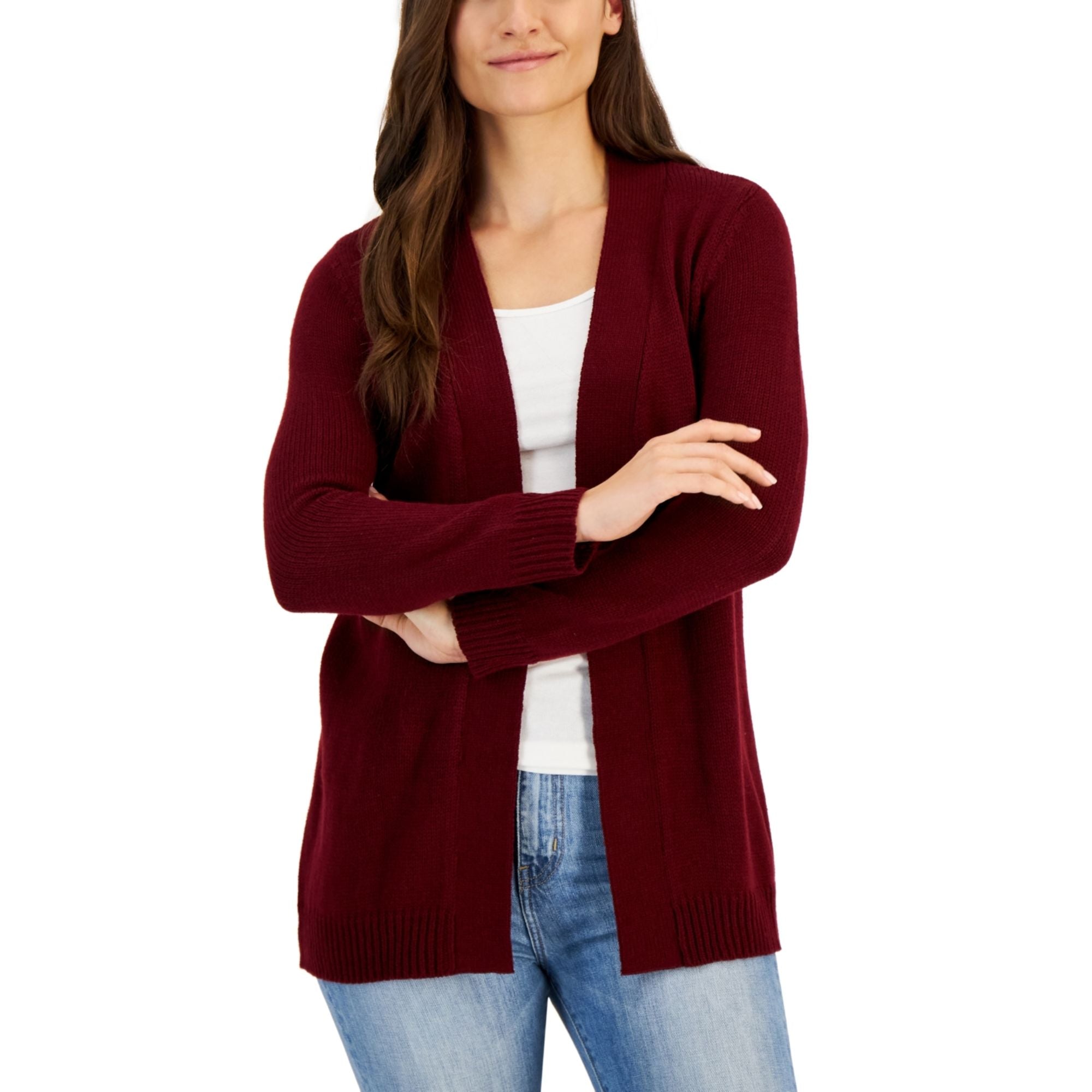 Karen Scott Petite Open-Front Cardigan - Merlot, Petite Medium