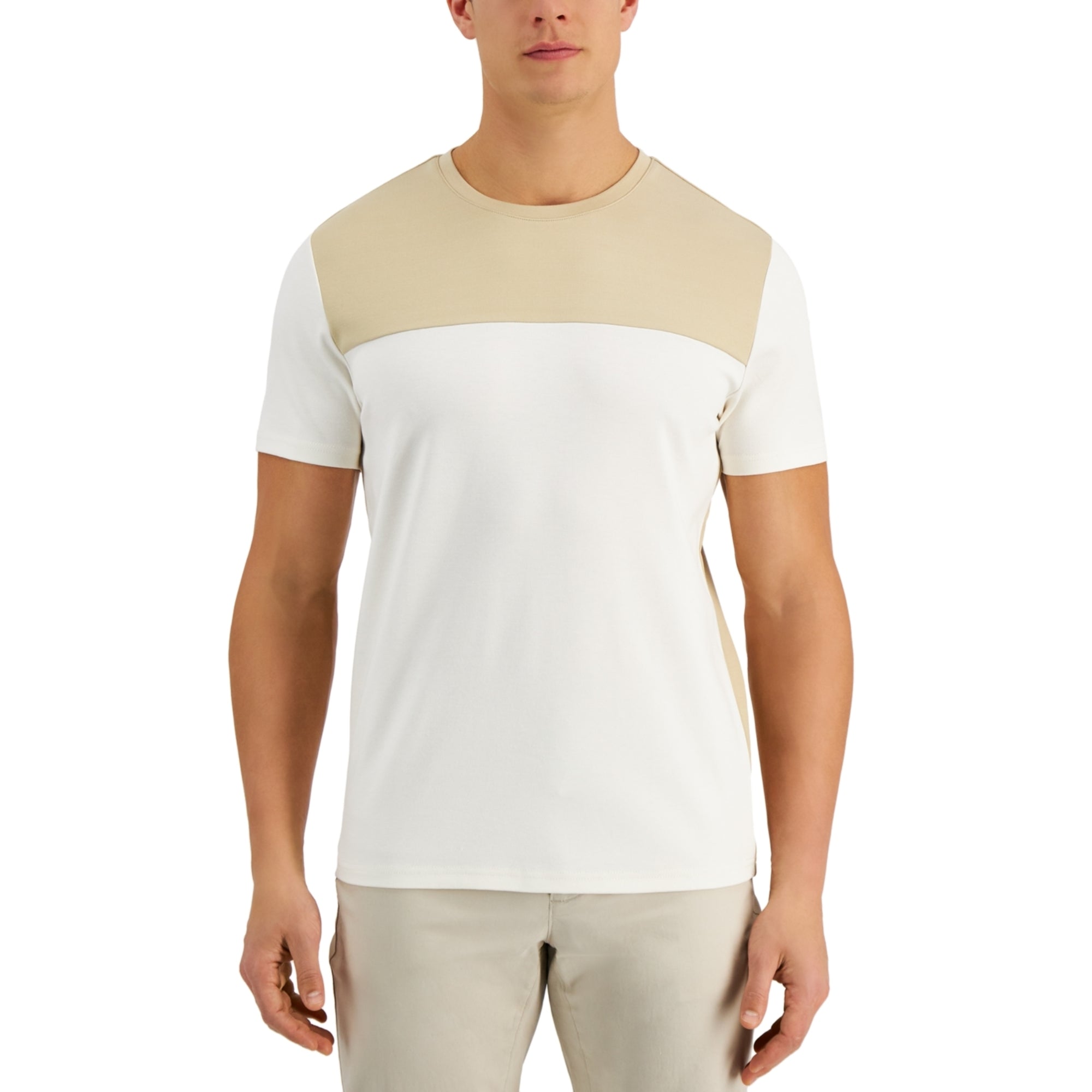 Alfani Men's Short Sleeve Crew Neck Colorblock T-Shirt, Beige, Size - Small