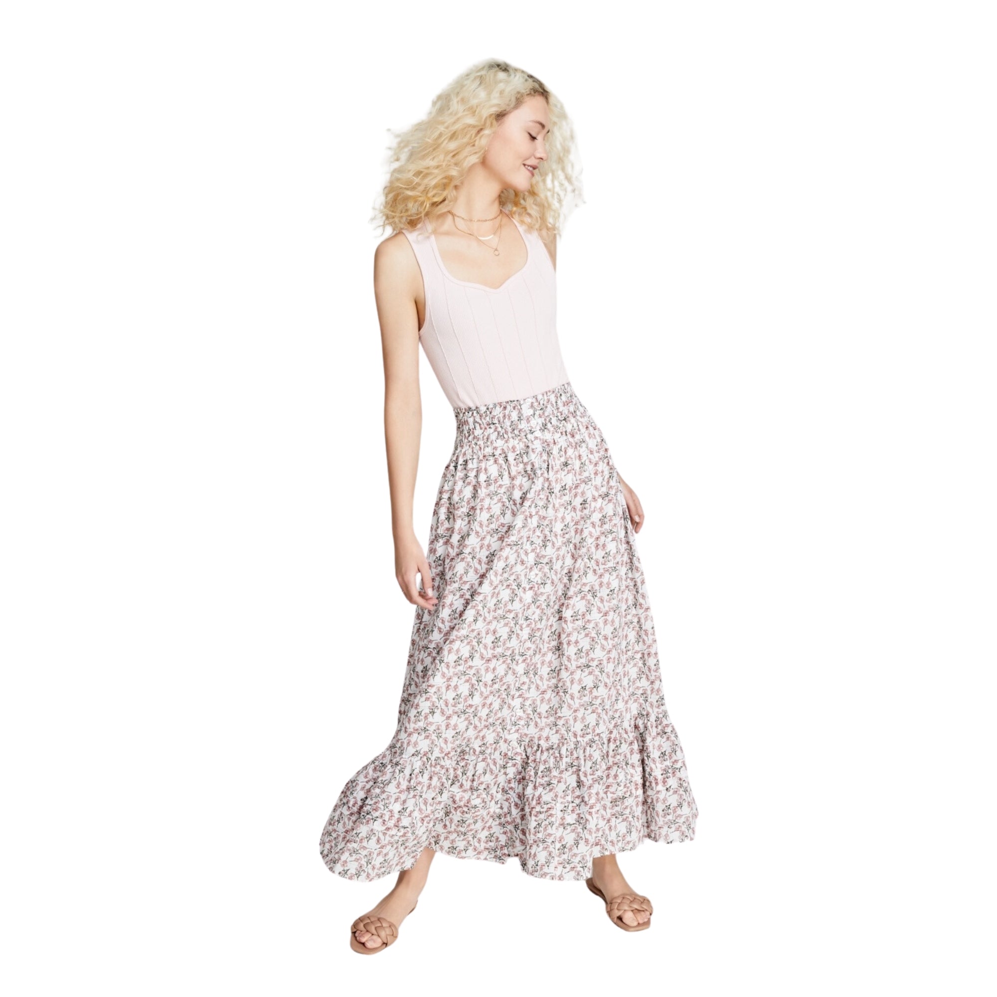 And Now This Women's Cotton Ruffled Smocked Maxi Skirt – White Floral, Size - Large