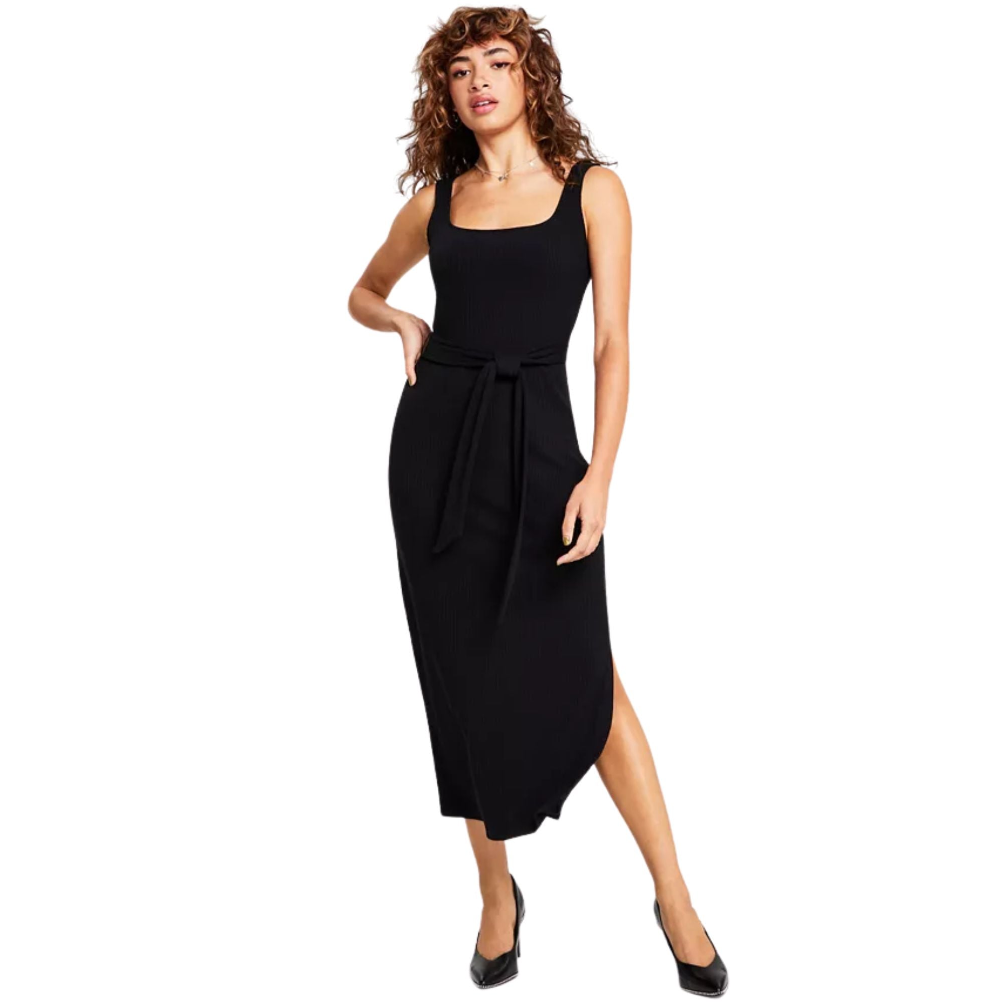 Bar III Women's Square-Neck Tie MIDI Dress – Deep Black, Size Large