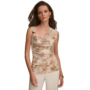 Donna Karan Women's Sleeveless Drape Front Printed Top – Med Beige, Size - L