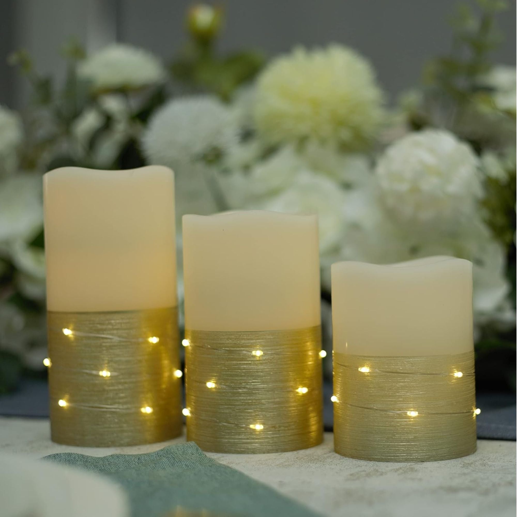 H-BLOSSOM Flickering Flameless Candles, Real Wax Pillar with Embedded String Lights, LED Battery Operated Candles with Remote & 5H Timer - Set of 3 (Gold, 3" x 4"/5"/6")