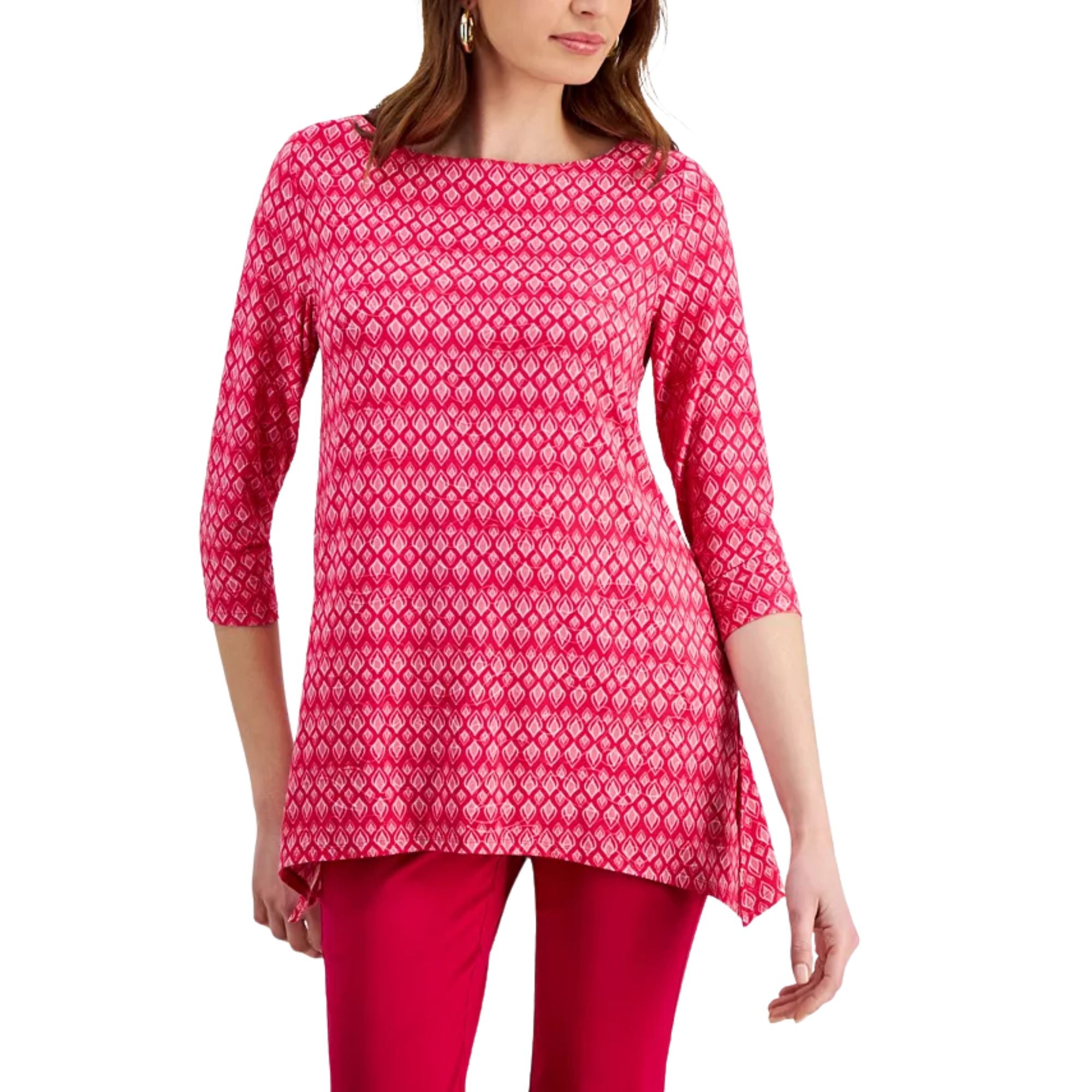 JM Collection Women's Printed Jacquard Swing Top – Claret Rose Combo, XL