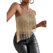 Tassel One Shoulder Tank Top, Medium - Khaki