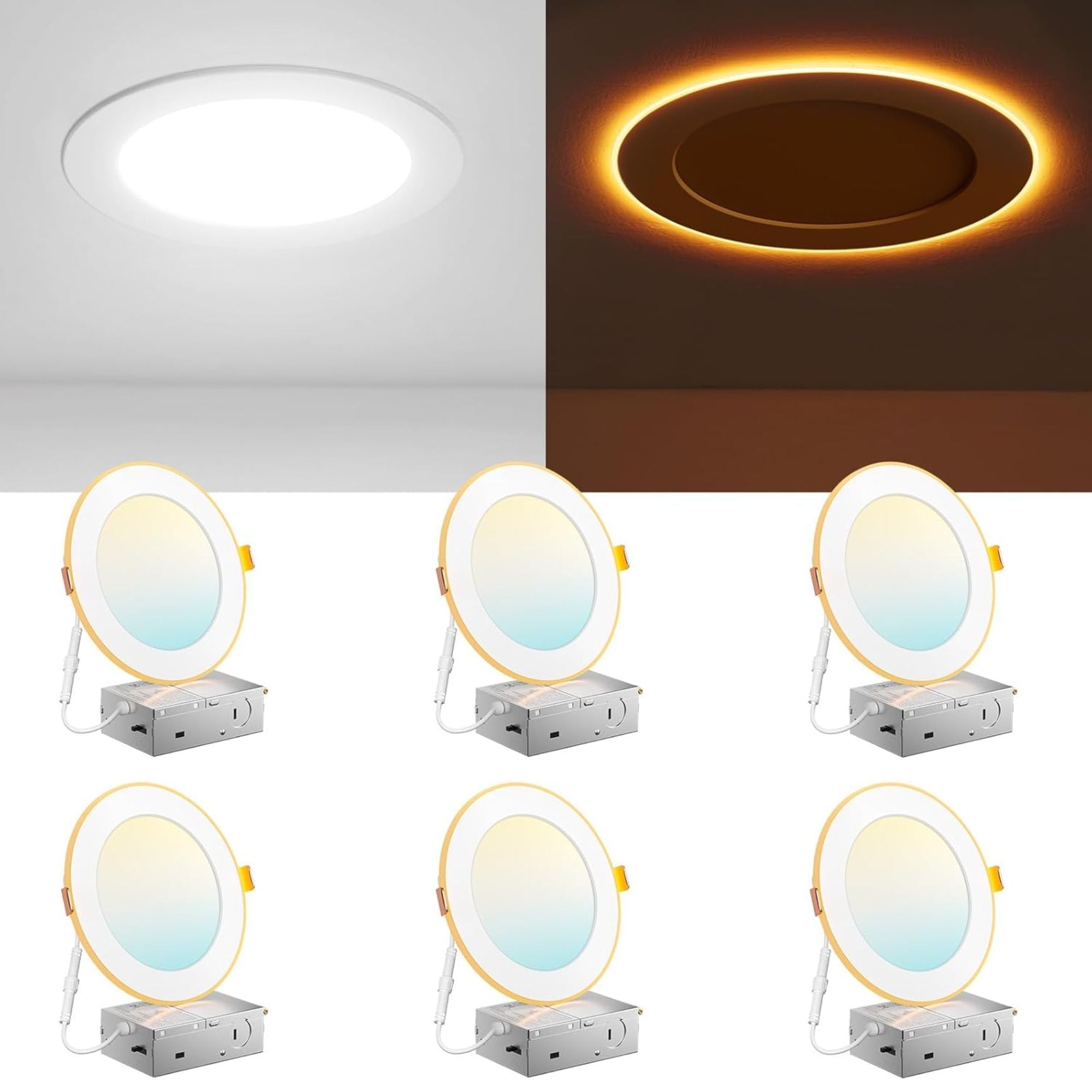 Amico 6 Pack 6-Inch 5CCT LED Recessed Ceiling Lights with Night Light, Ultra-Thin Canless Wafer Downlight, 12W=110W, 1100LM, Dimmable, ETL & FCC