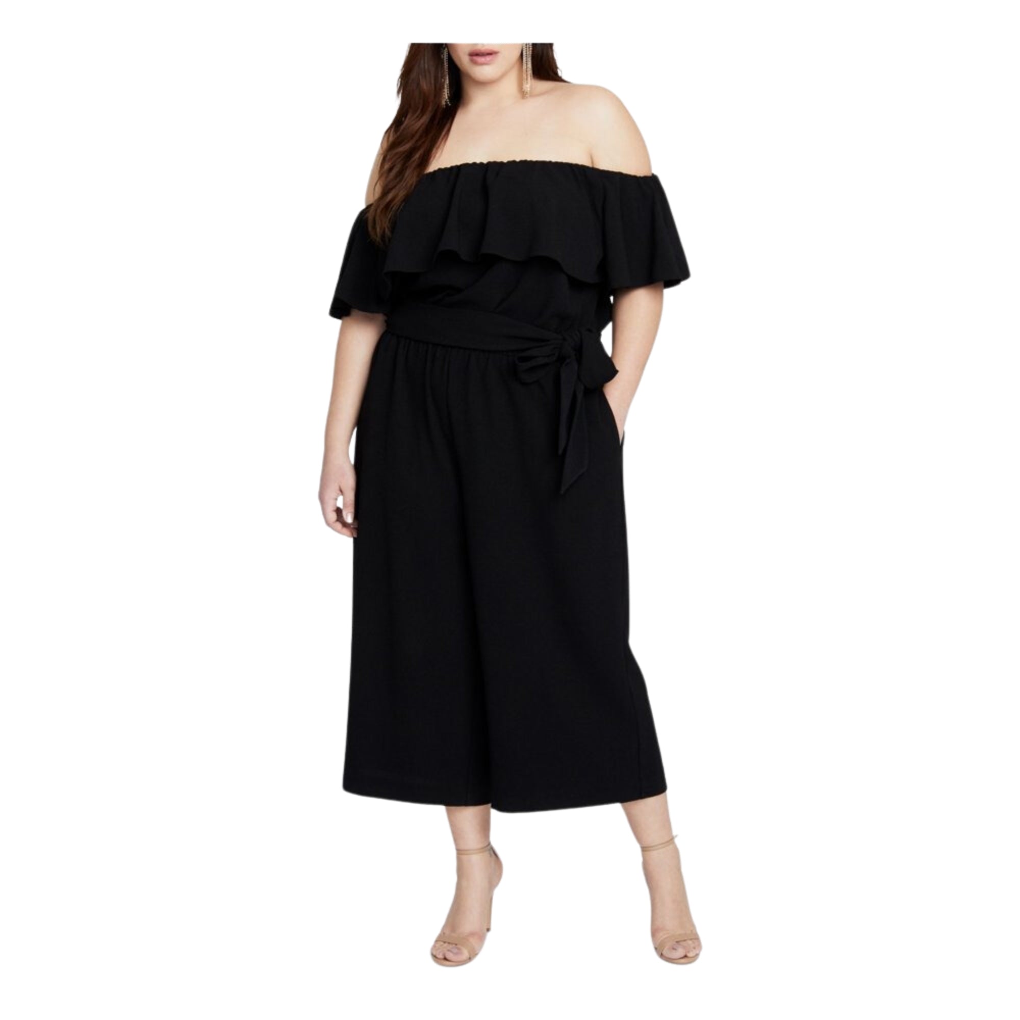 Rachel Rachel Roy Women's Black Ruffled Off-Shoulder Wide-Leg Jumpsuit Plus Size 16W
