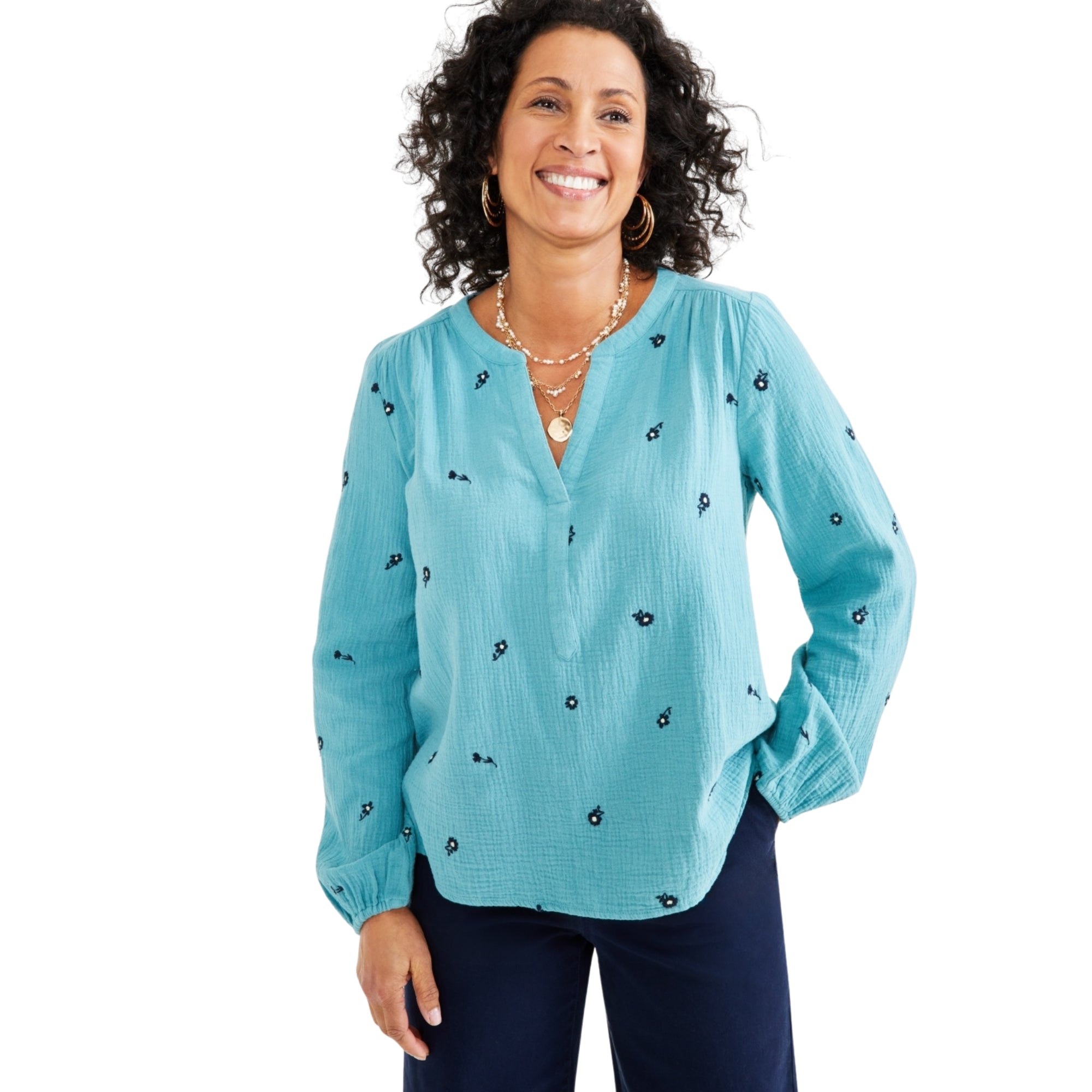 Style & Co Women's Cotton Embroidered Split-Neck Gauze Blouse – Med Blue, Petite XL