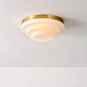 Globe Electric 11.81 in. 2-Light Matte Brass Flush Mount Ceiling Light with Tiered Milk Glass Shade