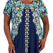 JM Collection Plus Size Oaklyn Ornate Print Short-Sleeve Top – Intrepid Blue Combo, Size - 0X