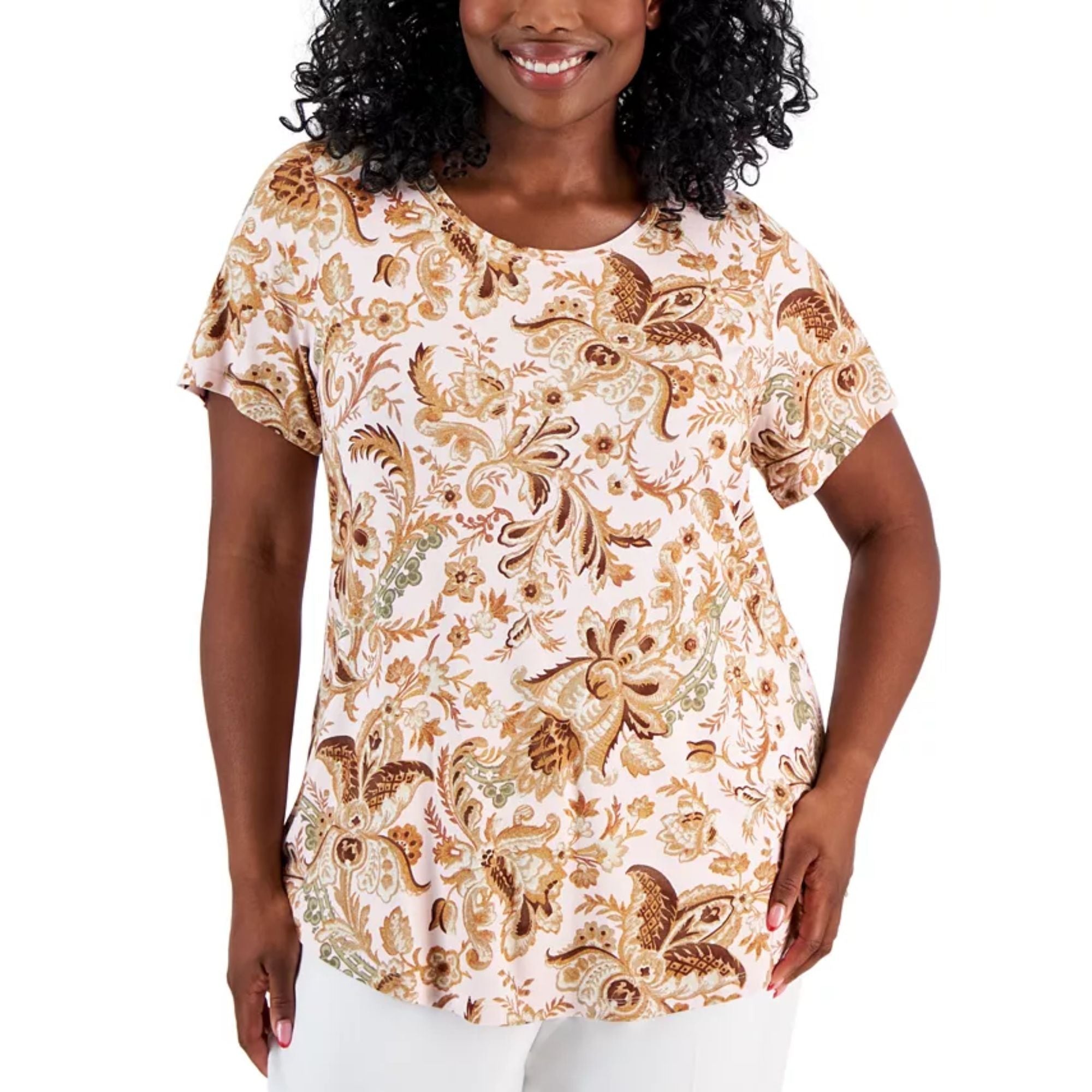 JM Collection Plus Size Bloom Print Short-Sleeve Top – Lilac Sky Combo, Size 1X