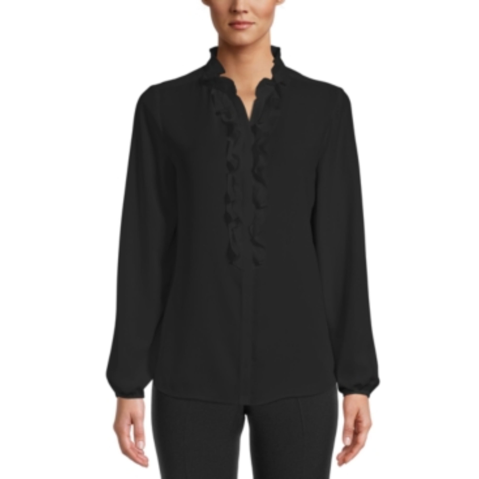 Bar III Women's Long Sleeve Ruffled Blouse – Black, Size XL