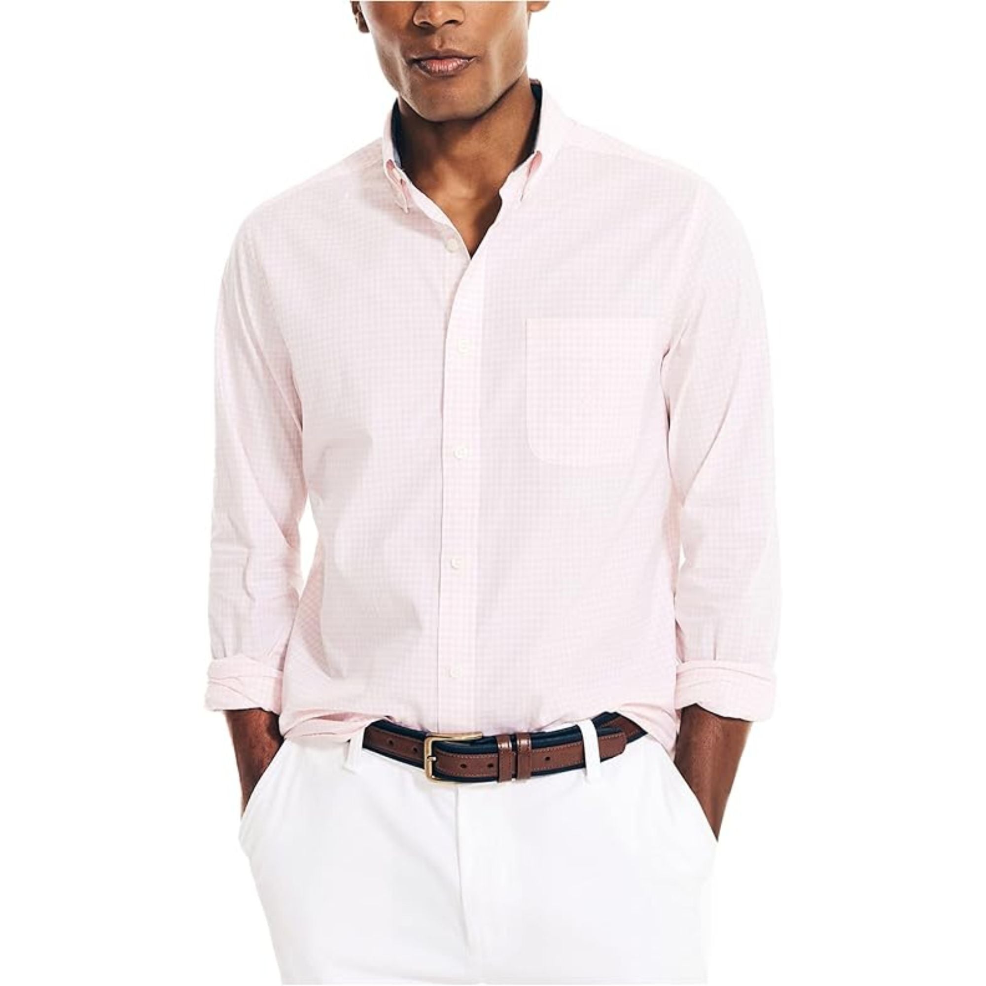 Nautica Men's Check Print Classic Fit Button-Down Shirt, Pink - Large