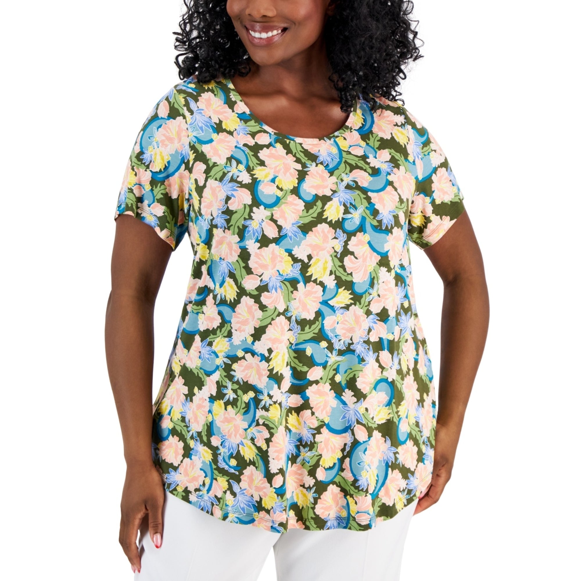 JM Collection Plus Size Oaklyn Floral-Print Short-Sleeve Top – New Avocado Combo, Size - 3X