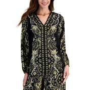 JM Collection Women's Long Sleeve Printed V-Neck Satin Top – Deep Black Combo, Large