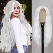 YBYMCAI Long White Wavy Wig – 26" Middle Part Cosplay Wig, Heat Resistant Synthetic Fiber, Modern Style