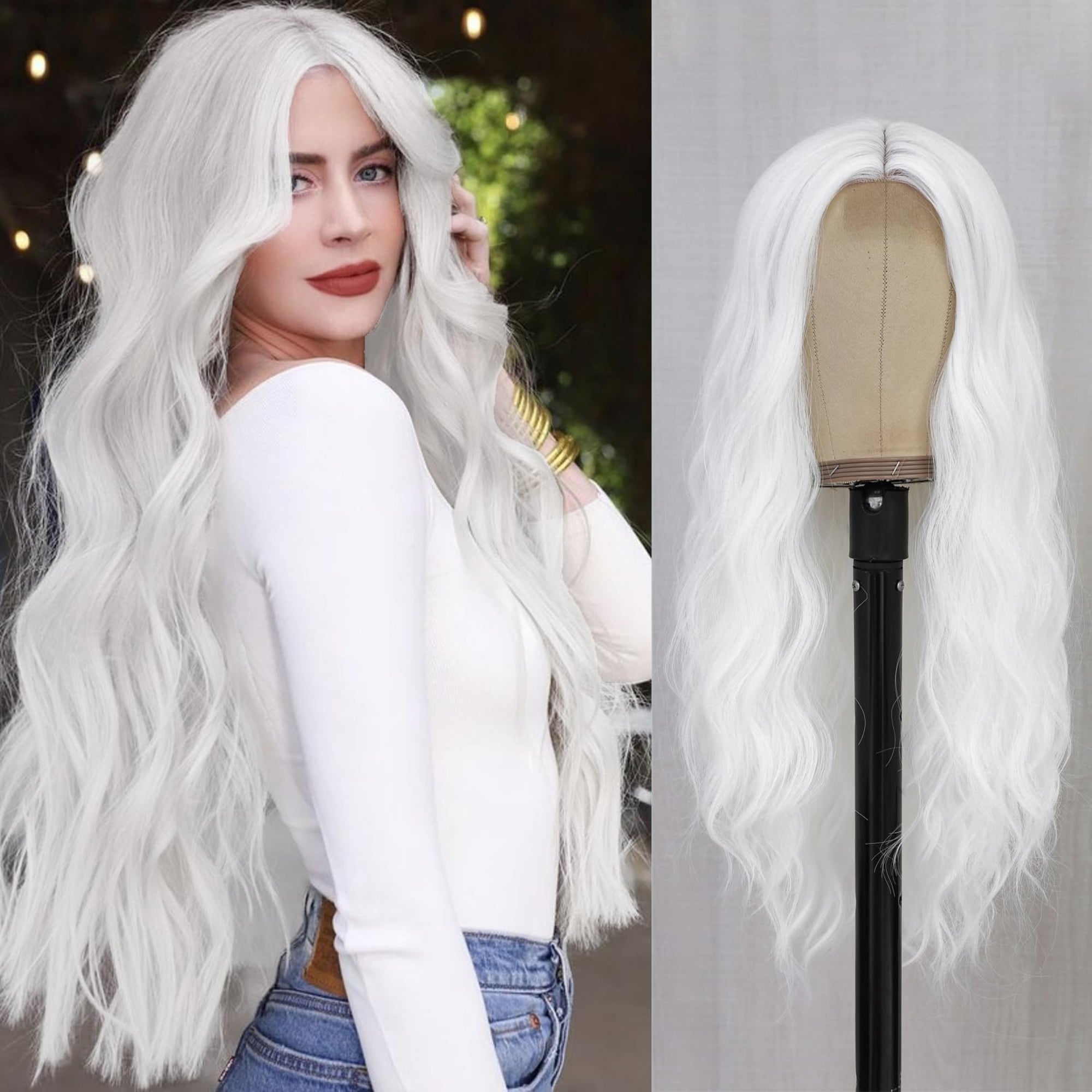 YBYMCAI Long White Wavy Wig – 26" Middle Part Cosplay Wig, Heat Resistant Synthetic Fiber, Modern Style