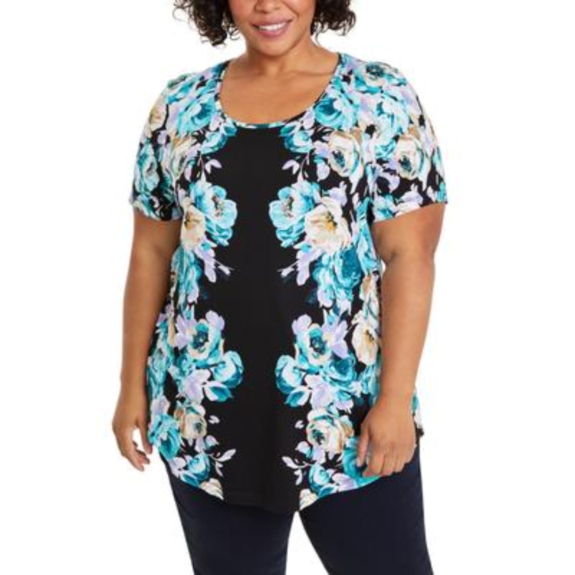 JM Collection Plus Size Garden Dream Scoop-Neck Top – Deep Black Combo, Size - 2X