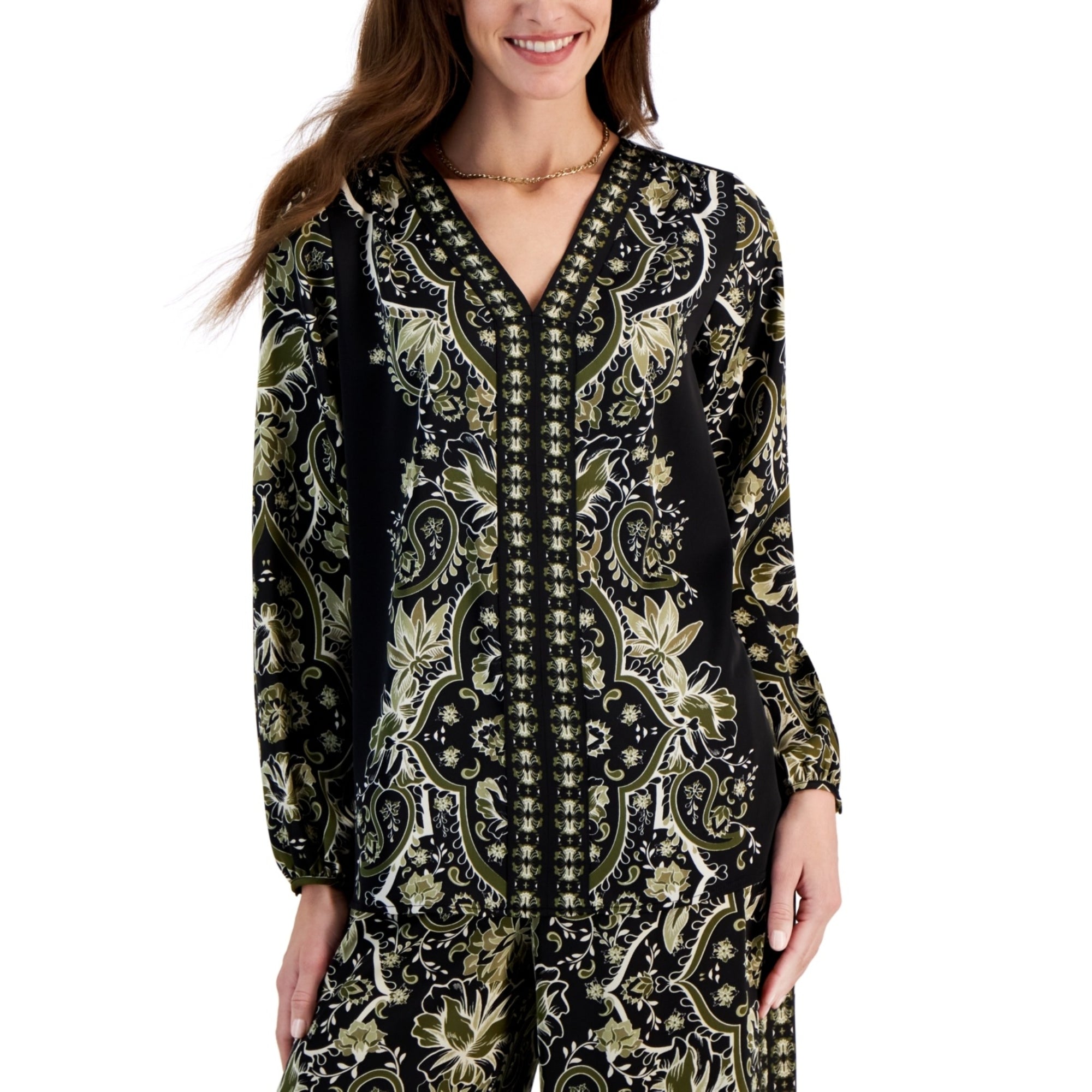 JM Collection Women's Long Sleeve Printed V-Neck Satin Top – Deep Black Combo, Large