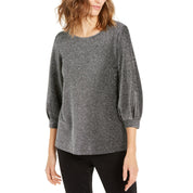 Alfani Women's Gray Glitter Jewel Neck 3/4 Sleeve Blouse, Size - Small