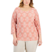 JM Collection Plus Size Medallion Printed Jacquard Top – Burnt Brick Combo, Size - 1X