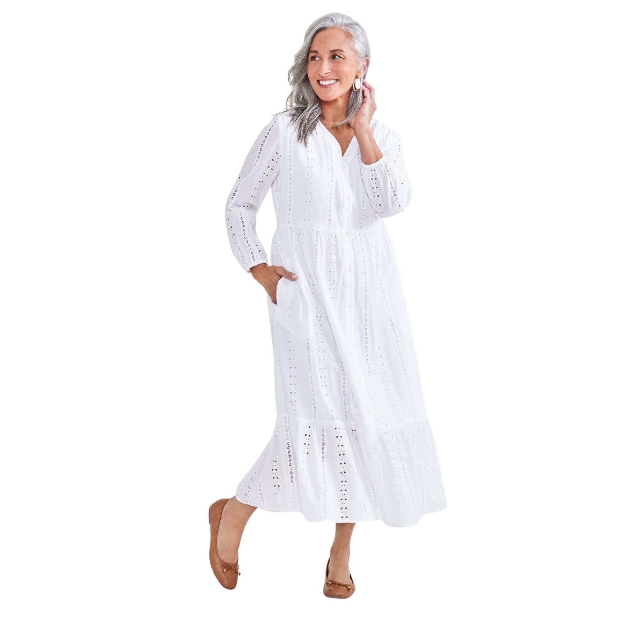 Style & Co Petite Cotton Tiered Eyelet Midi Dress – Bright White, Petite Medium