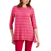 JM Collection Women's Printed Jacquard Swing Top – Claret Rose Combo, XXL