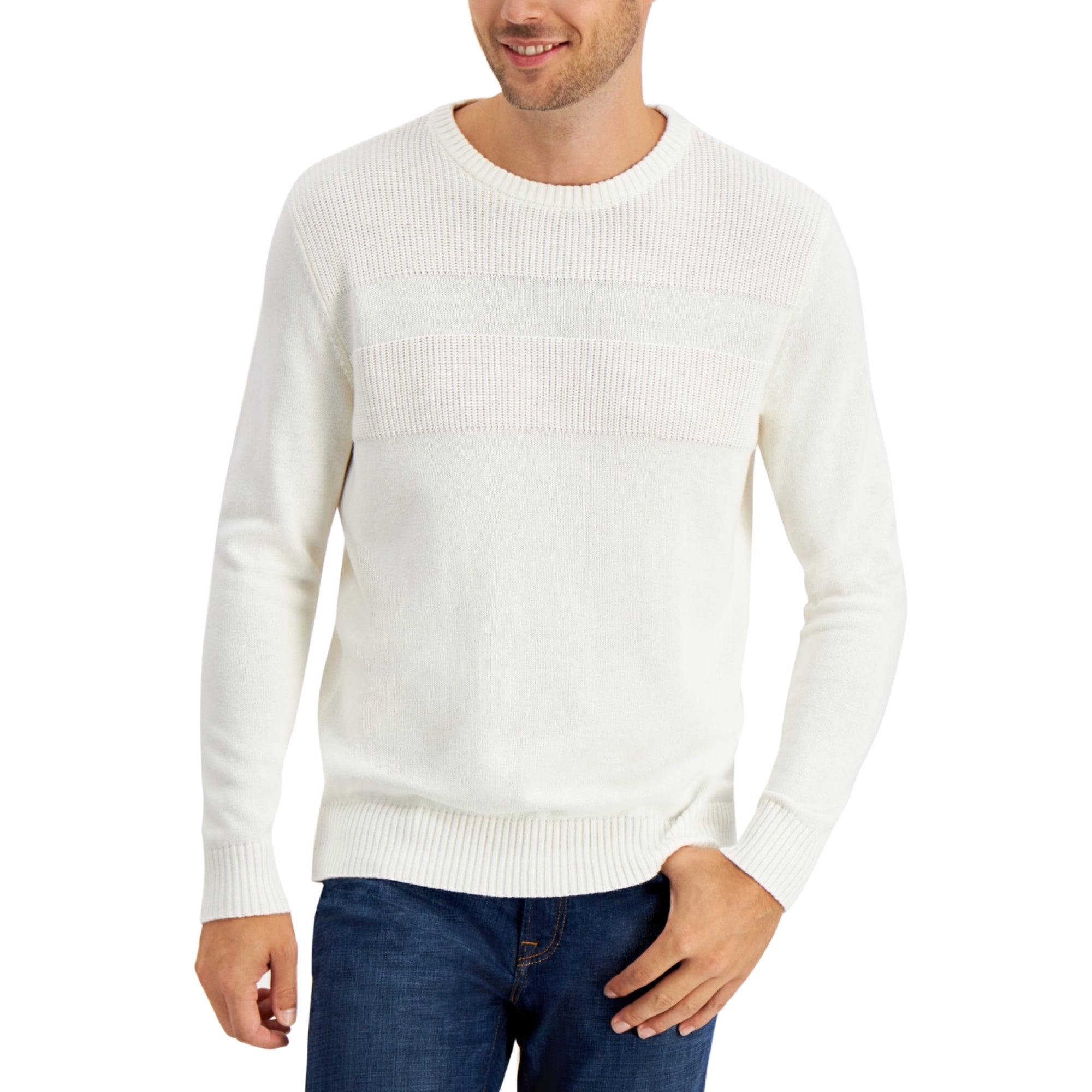 Club Room Men's Cotton Ribbed Trim Sweater, Winter Ivory - Size Large