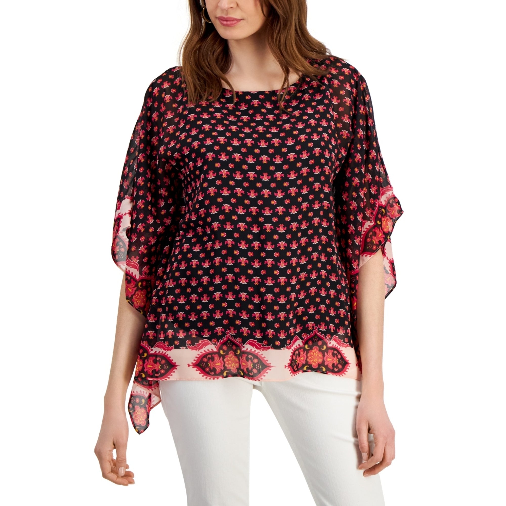 JM Collection Women's Border-Print Poncho Top – Deep Black Combo, Small