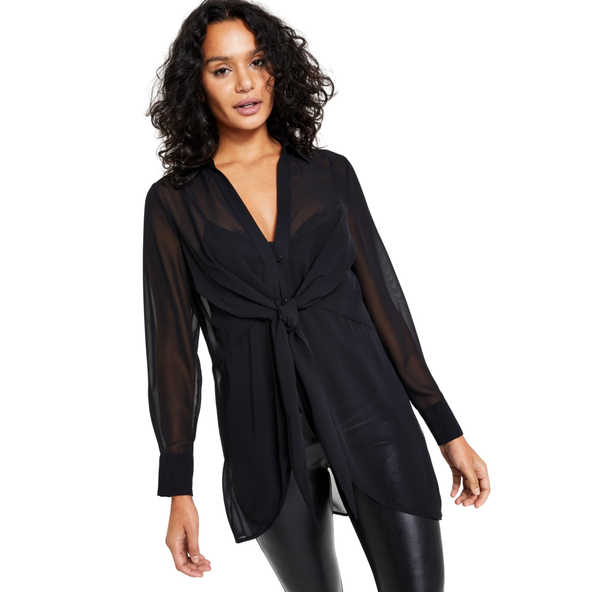 Bar III Women's Long-Sleeve Tie-Front Top – Black, Size - Large