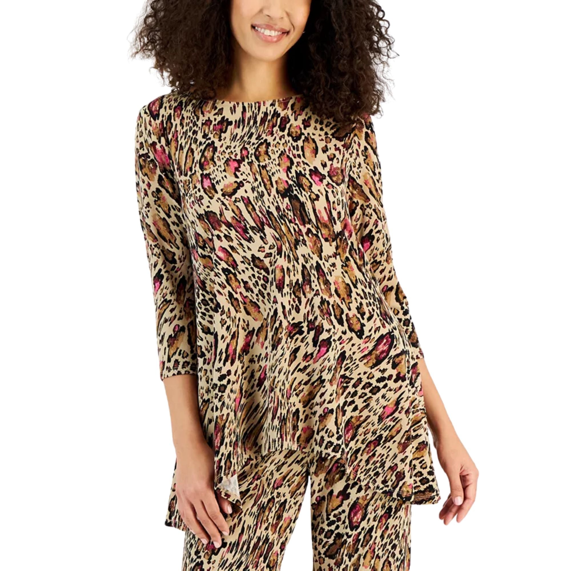 JM Collection Women's Printed 3/4 Sleeve Knit Top – New Fawn Combo, XS