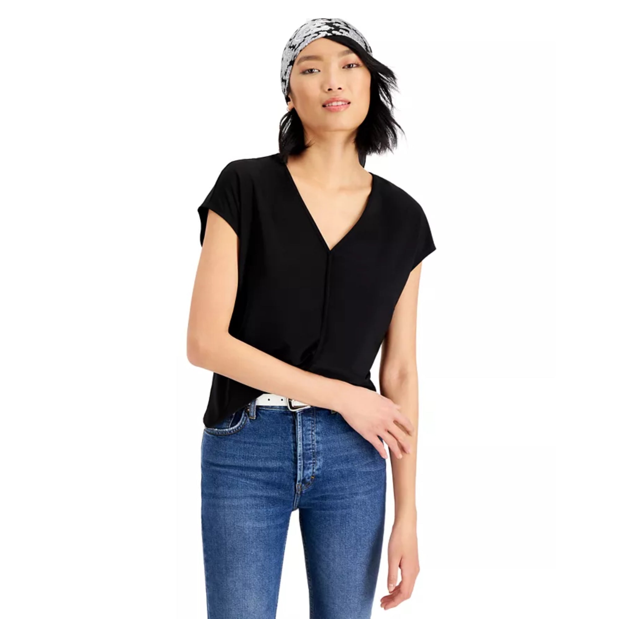 Bar III Women's Seamed V-Neck Top – Black, Size - M