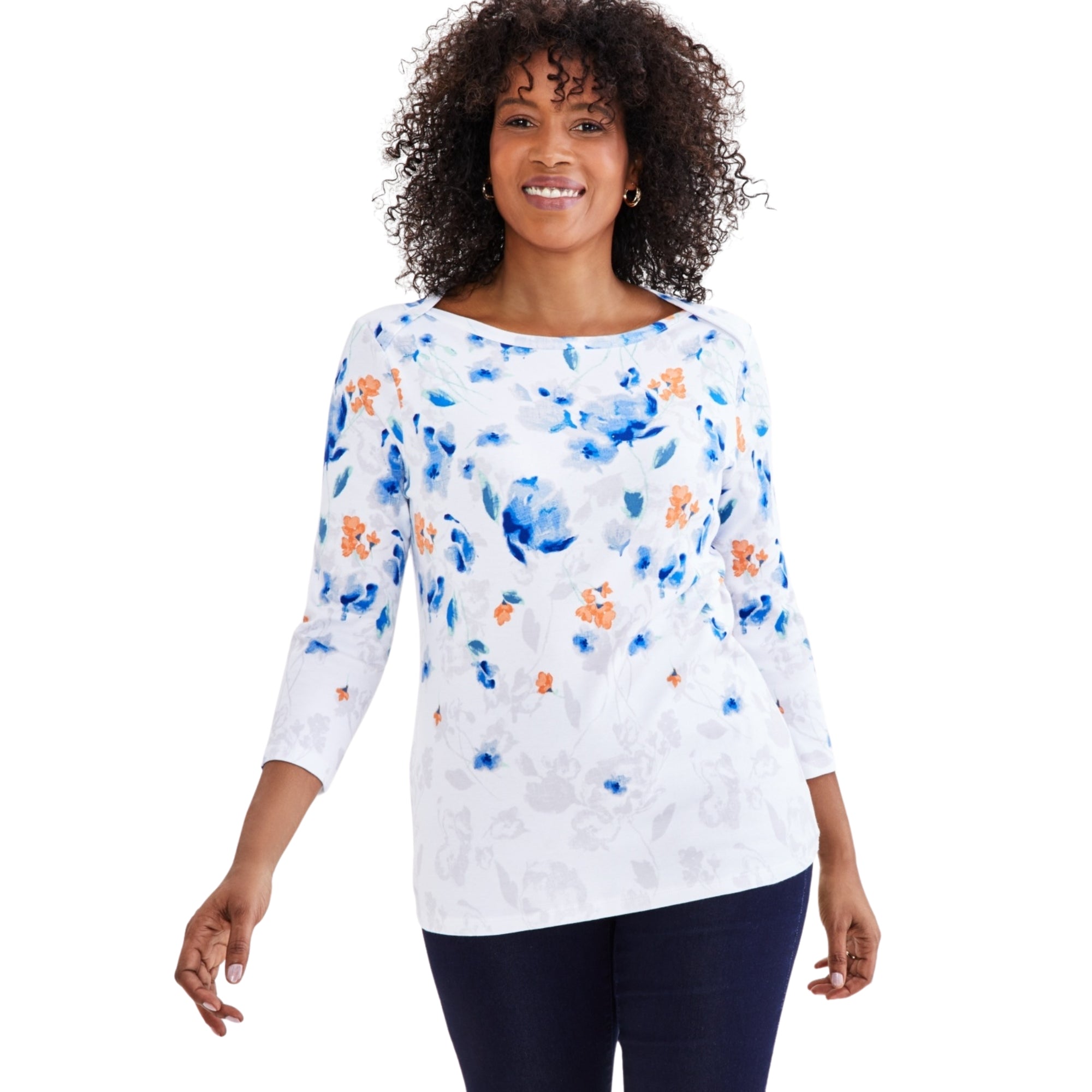 Style & Co Petite Pima Floral Print Top – Jen Bright White, Petite Small
