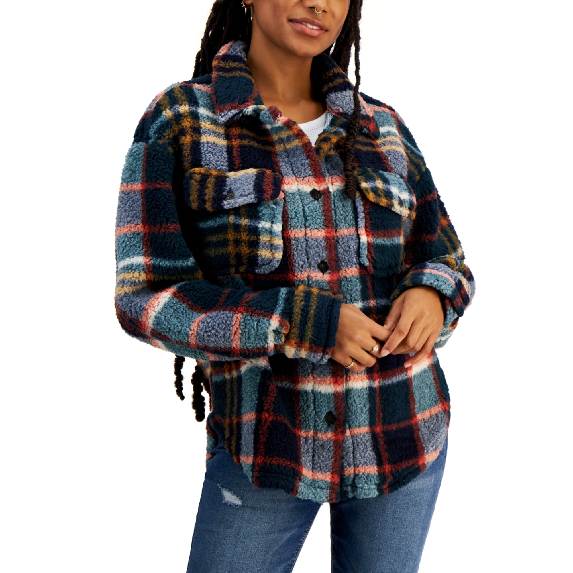 Crave Fame Juniors' Plaid Button-Front Faux-Sherpa Shacket - Hunter Combo Medium