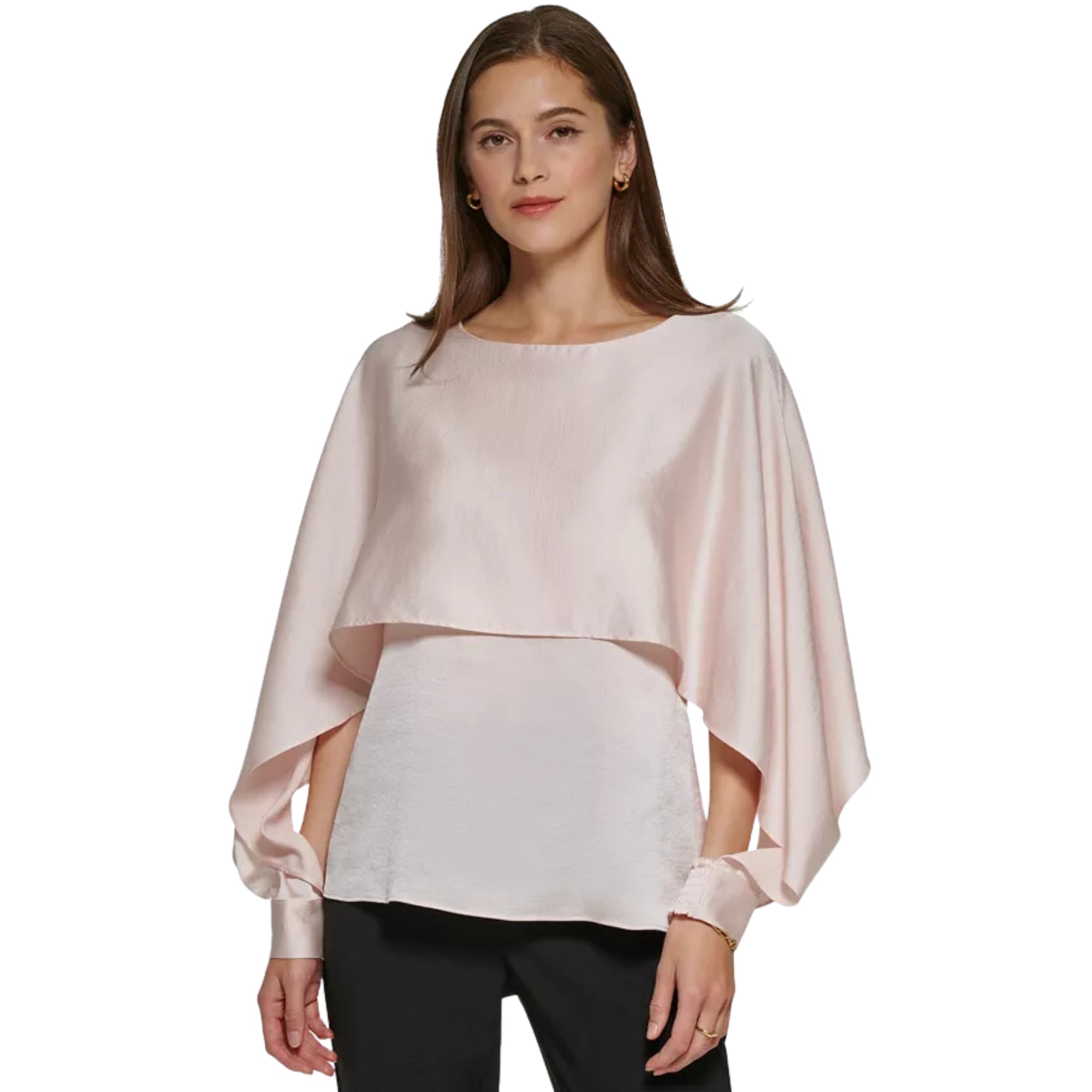 DKNY Women's Cape-Overlay Crewneck Top, Rosette Szie - M