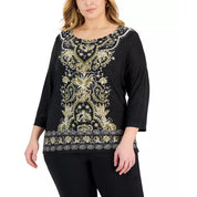 JM Collection Plus Size Printed Border-Hem Jacquard Top – Deep Black, Size - 1X