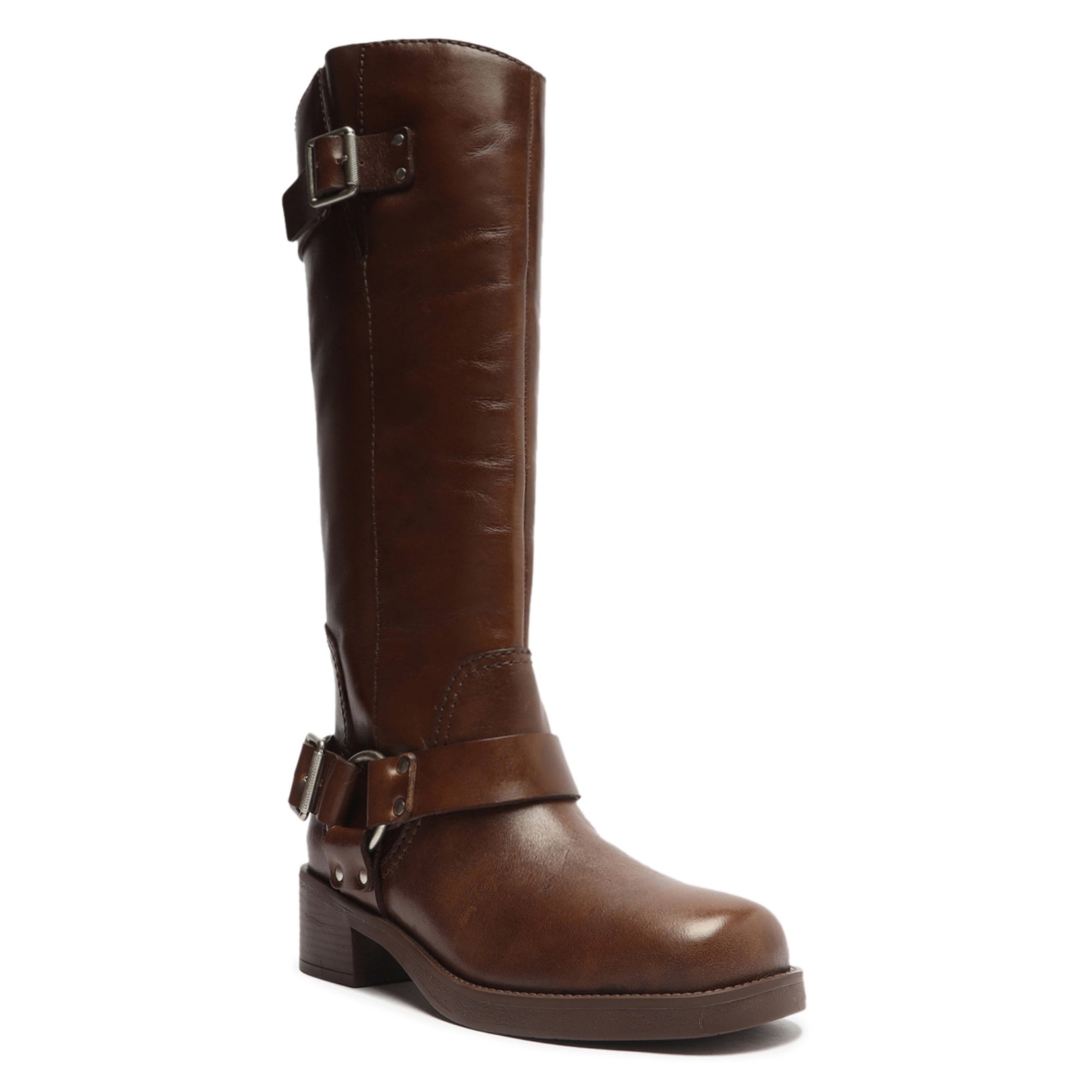 Arezzo Women's Clara Knee-High Leather Motorcycle Boots – Brown, Size 8.5