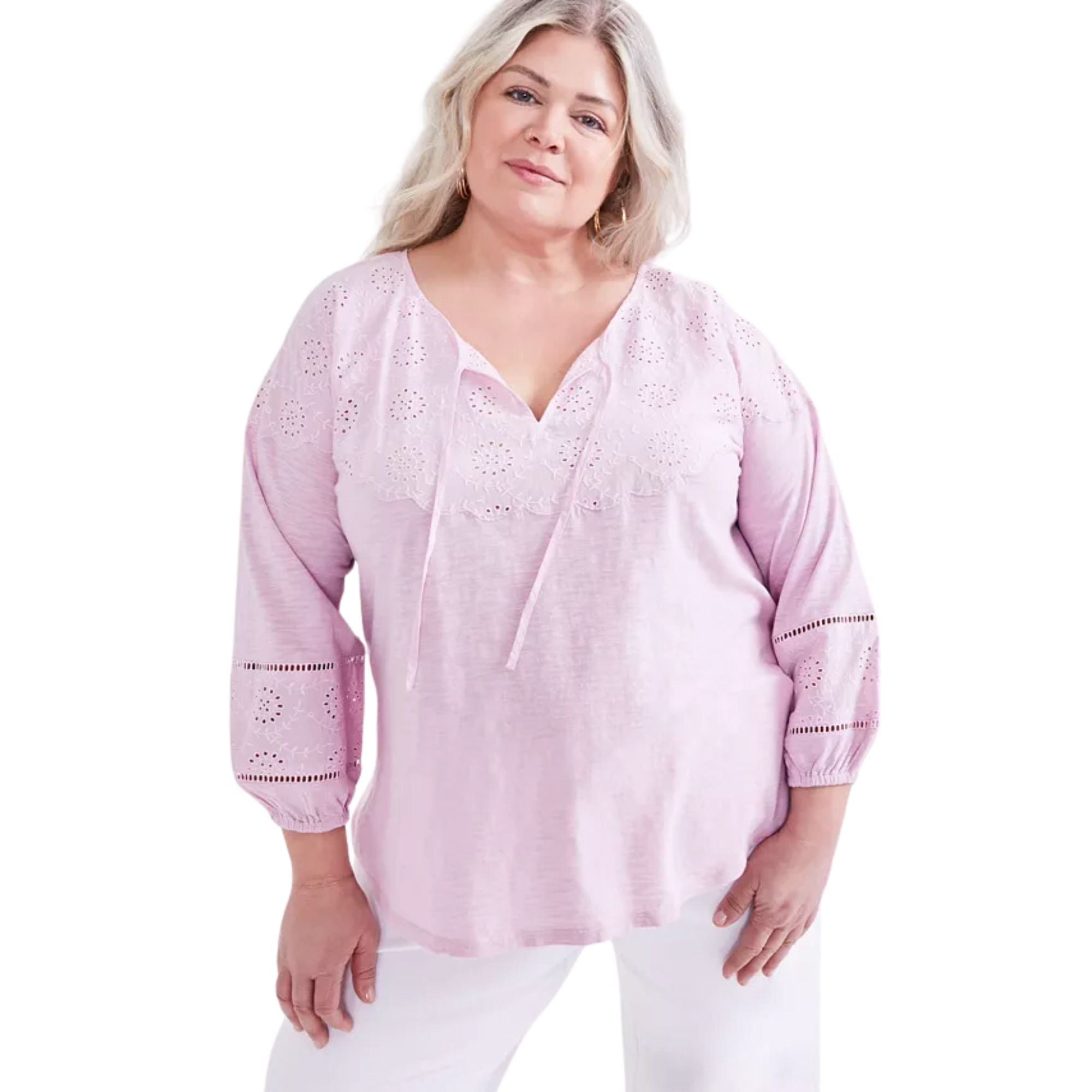 Style & Co Plus Size Embroidered Eyelet-Trim Top - Lilac Floral - Size 3X