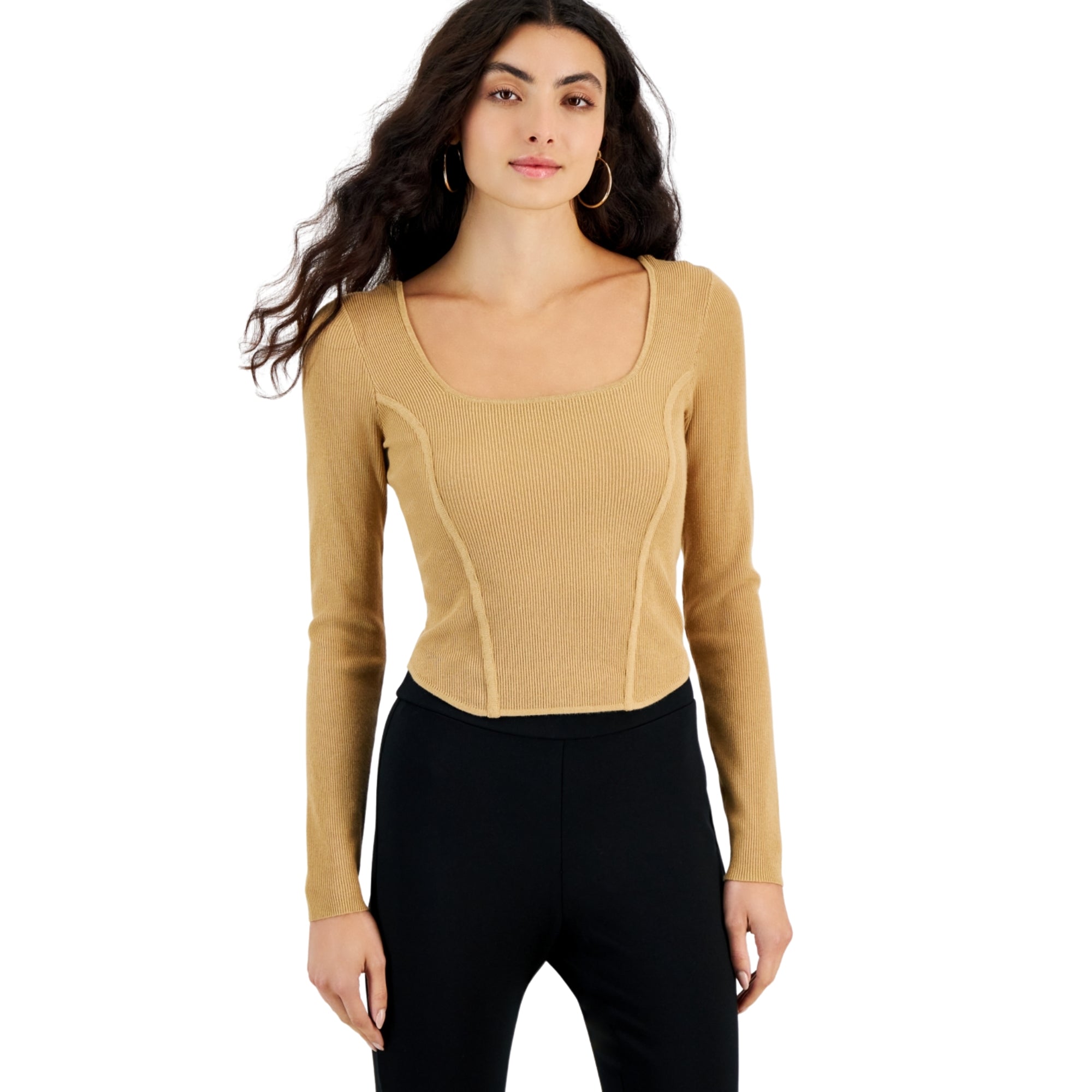 Bar III Women's Ribbed Square-Neck Long-Sleeve Sweater – Riviera Dune, Size - XL