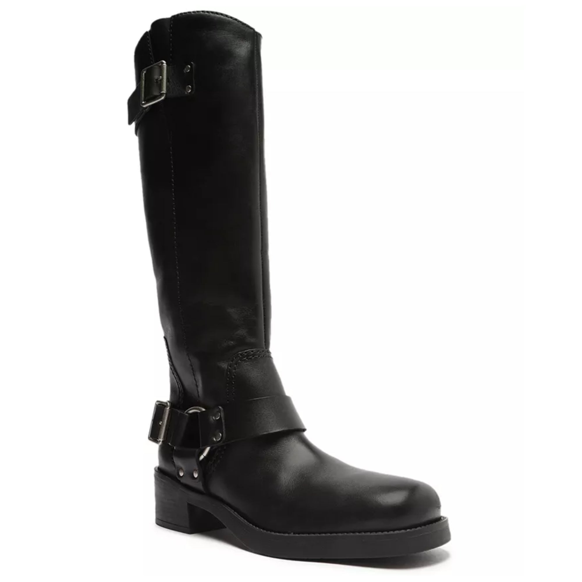 Arezzo Women's Black Leather Knee-High Boots with Buckle Detail – Size 8.5M