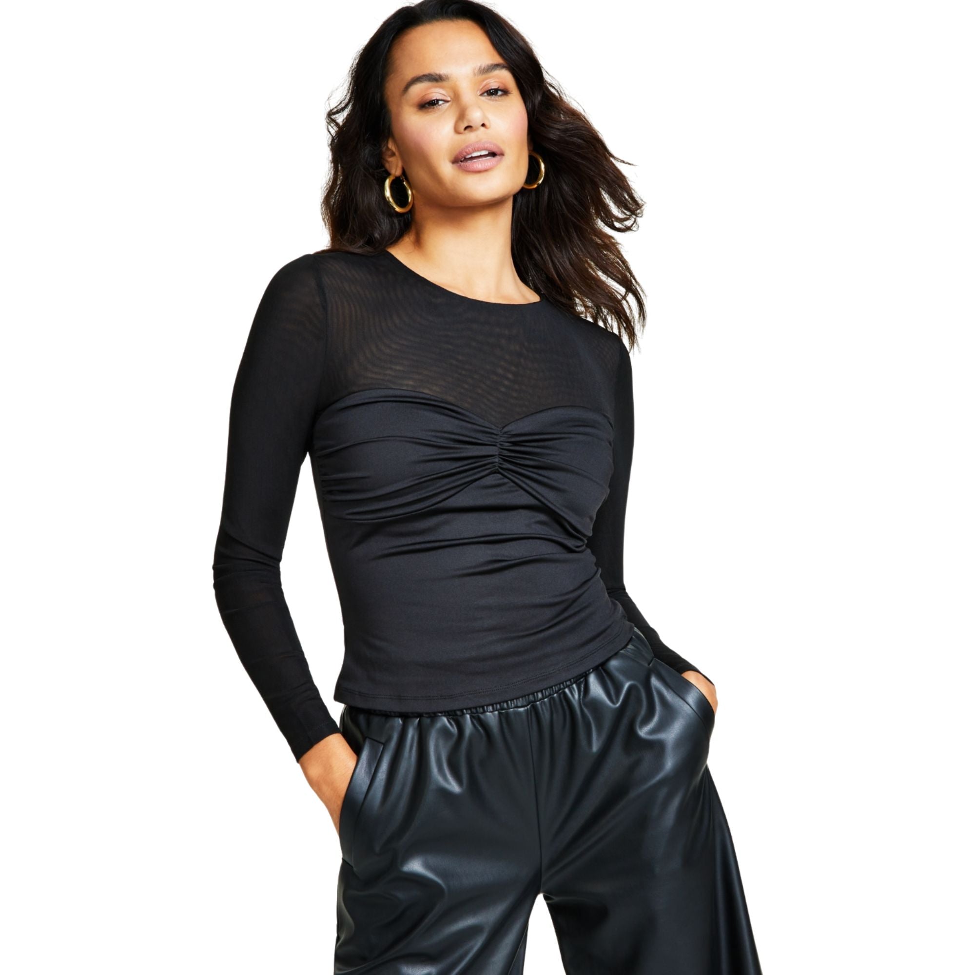 Bar III Women's Twist-Front Illusion Top – Deep Black, Size S