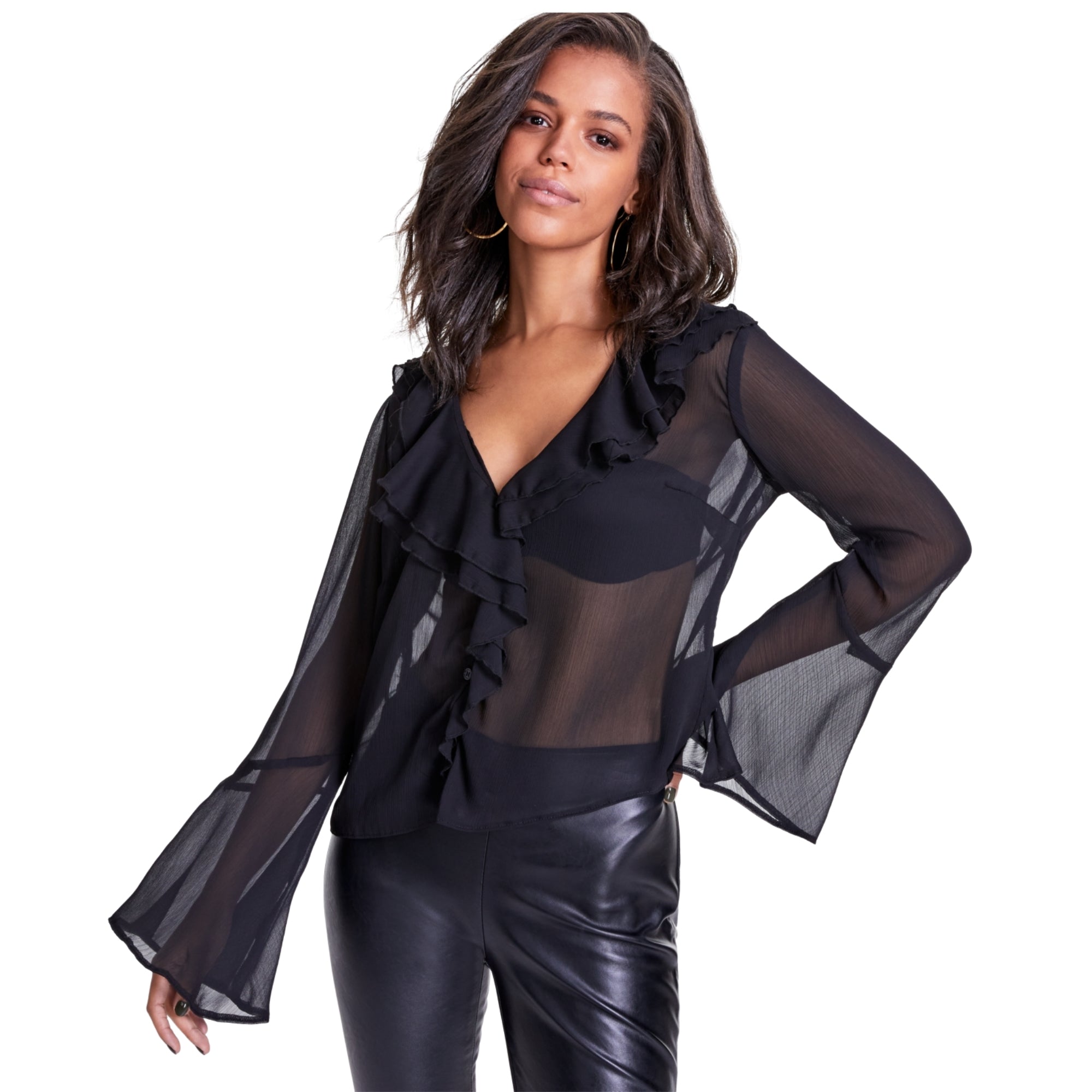 Bar III Women's Ruffled Blouse – Deep Black, Size - S