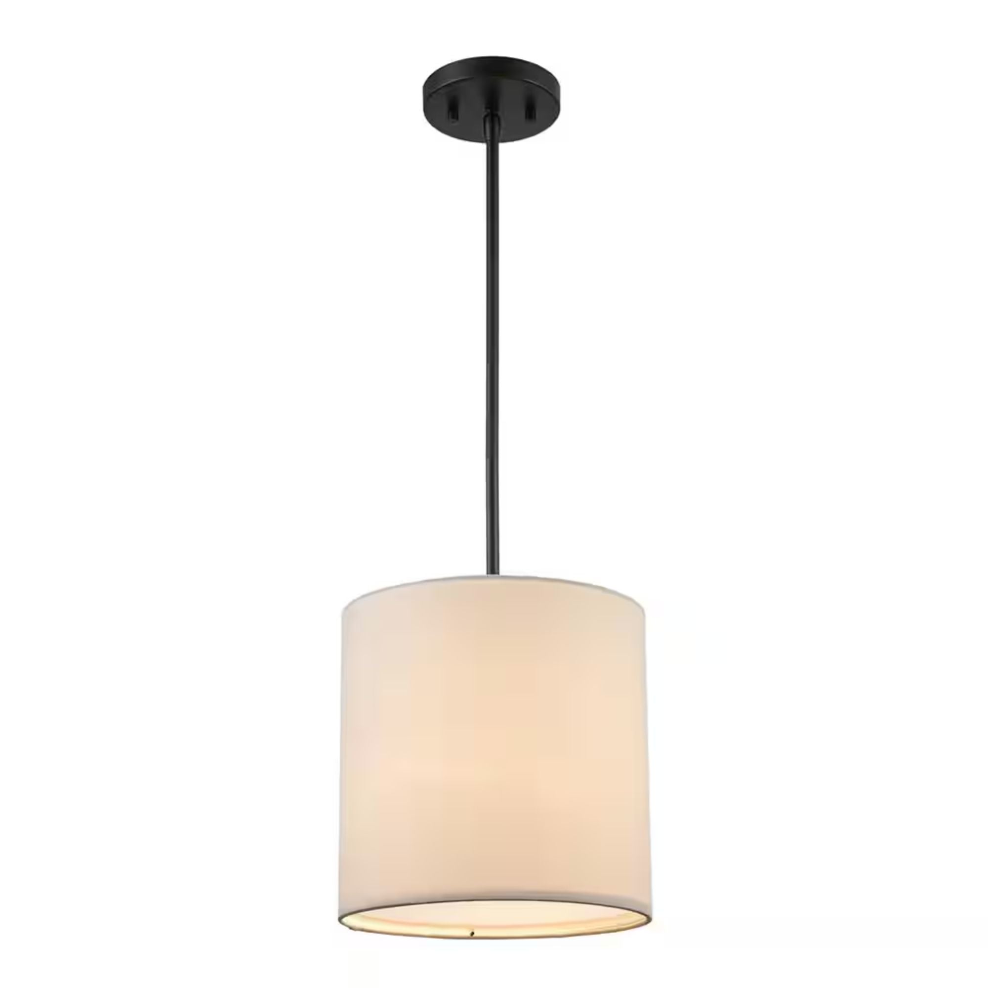 10 in. 1-Light Black Drum Pendant Light Fixture with Linen Shade